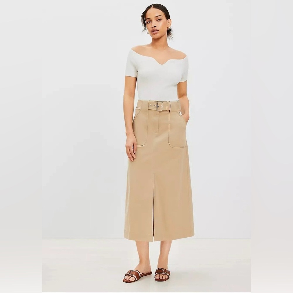 NWOT LOFT petite belted twill midi skirt in tan, XXSP